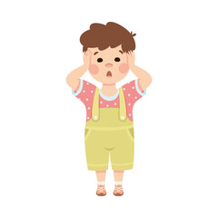 Cute surprised shoked little boy with hands on head. Brown haired boy dressed jumpsuit cartoon vector illustration