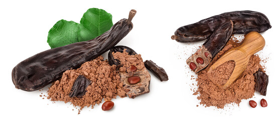 Carob pod and powder in wooden scoop isolated on white background . Top view with copy space for your text. Flat lay