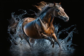 Horse runs through the water with many big splashes. AI Generative