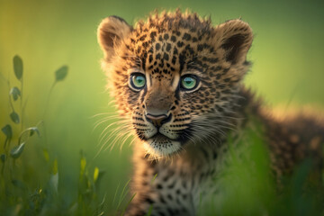Fototapeta premium Baby leopard in spring green grass with flowers. Generative AI