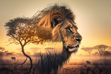 lion and the African savannah double exposure. Generative AI