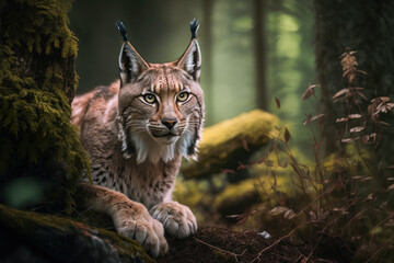 Obraz premium Close wild lynx in nature habitat. Generative AI