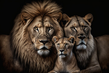 Lions family with cubs on dark background. AI Generative
