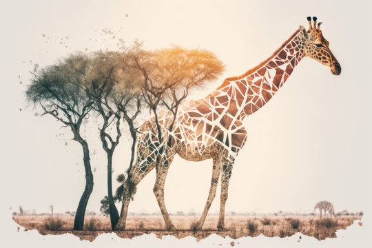 Giraffe and the African savannah double exposure. Generative AI