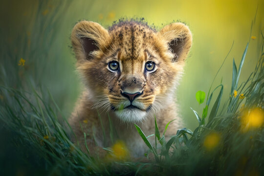 Baby lion in spring green grass with flowers. Generative AI