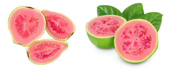 Guava fruit slices isolated on white background with  full depth of field. Top view. Flat lay