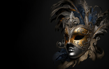 Naklejka premium Ornate handmade venetian mask on black background, Created using generative AI tools