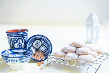 Kahk cookies served in a pyramid shape sprinkled with sugar (Kahk is a traditional cookies in the arab world, served in Eid el fitr, a feast after Ramadan)
