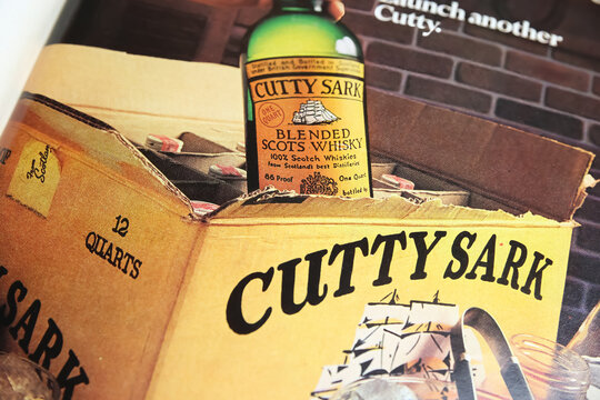 Viersen, Germany - March 9. 2023: Closeup of blended scotch whisky Cutty Sark advertising in paper magazin from 70s