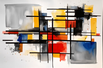 Minimalist Modern Abstract Art in Watercolor, using primary colors, black, and white in conjunction with vertical and horizontal lines.