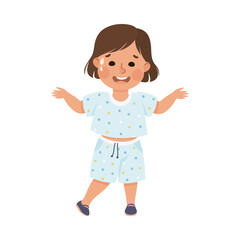 Cute sweaty little girl standing with her arms outstretched to sides. Smiling brown haired girl dressed t-shirt and shorts cartoon vector illustration