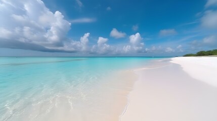 Beautiful Panoramic Landscape of Sandy Beach and Turquoise Ocean in Maldives