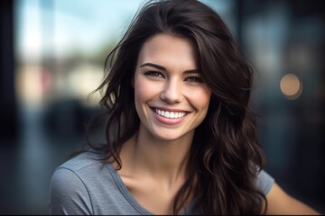 Young brunette female college student looking at the camera smiling. Generative AI