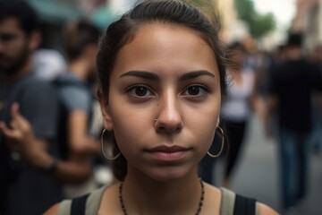 Close up image of a very beautiful attractive hispanic teenage girl looking at the camera serious. Generative AI