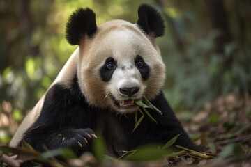 Obraz premium Panda munching bamboo. Generative AI