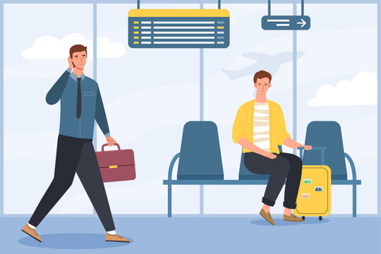 Passenger terminal concept. Men with backpacks at airport waiting for their flight, plane. International arrival and departure. People at waiting room. Cartoon flat vector illustration