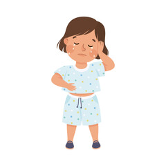 Cute little girl crying with tears. Upset brown haired girl dressed t-shirt and shorts cartoon vector illustration