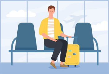 Passenger waiting concept. Man sitting at airport with yellow backpack. Departure lounge and arrival. Vacation, trip and travel, journey. Cartoon flat vector illustration