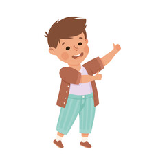Happy smiling little boy showing thumb up gesture. Joyful cute boy dressed casual clothes cartoon vector illustration