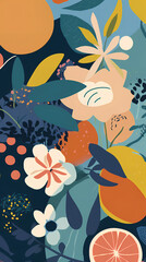 Fototapeta na wymiar abstract background, composition of flowers, fruits and plants, Matisse-inspired illustration