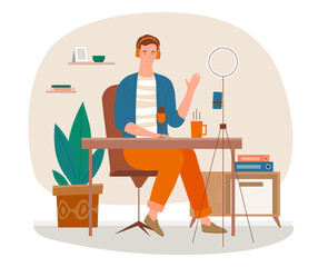 Podcast creation concept. Man sits at table in headphones in front of microphone. Creation of interesting content, audio files. Radlio presenter at work