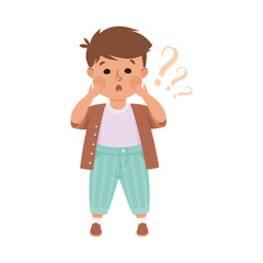 Confused little boy with question marks. Cute doubting boy dressed casual clothes cartoon vector illustration