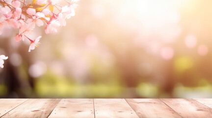 Naklejka na ściany i meble empty wooden table with cherry blossom decoration. blurred bokeh spring background. copy space. For product display. templates, media, printing, etc., generate ai