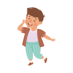 Little boy sticking out her tongue and teasing. Cute mischievous boy dressed casual clothes cartoon vector illustration
