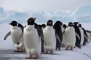 A curious, endearing group of penguins waddling together across a pristine, snow-covered landscape, with distant icebergs and frigid waters in the background