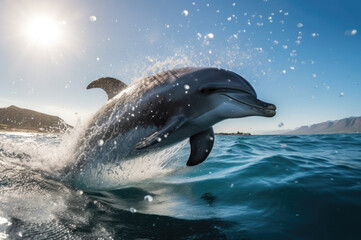 A vibrant, underwater shot of a playful dolphin leaping gracefully from the ocean's surface, surrounded by sparkling water droplets and a clear blue sky.