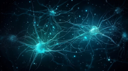 Nerve cell blue color banner, system neuron of brain with synapses. Medicine biology background. Generative ai