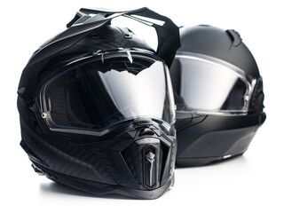 Black carbon motorcycle helmet. Offroad motocross helmet with shield isolated on white background.