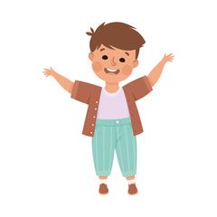 Joyful little boy with happy face expression. Cute boy dressed casual clothes standing with his hands raised cartoon vector illustration