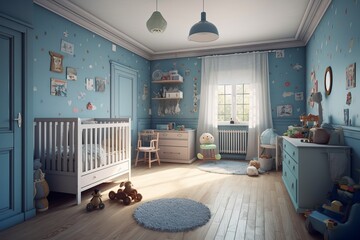 Boy Nursery Interior. Baby room. Generative AI