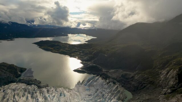 Sunny Panorama Mendenhall Glacier's Ice Cliffs Meet Tranquil Lake, AK