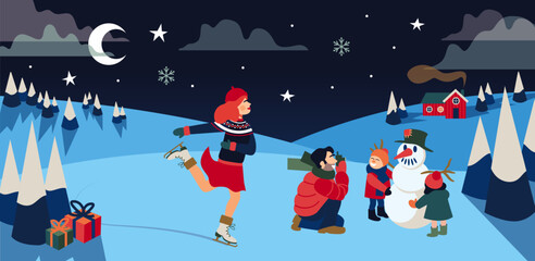 Naklejka premium Winter holidays, vector illustration of a family in montains, skating on the ice, making a snow man