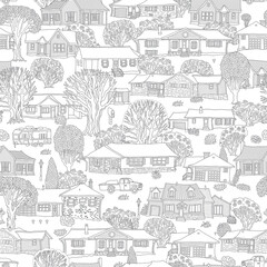 Seamless pattern of small town houses, spring trees, fantasy urban landscape.Coloring book page for adults, children 