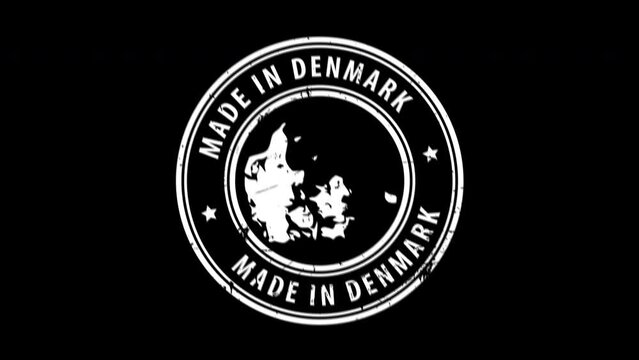 Made in Denmark - Stamp. Signed Stamped Text Animation. Blue ink on White Paper and alpha channel.