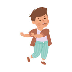 Little boy showing disgusted face expression. Cute boy dressed casual clothes gesturing cartoon vector illustration