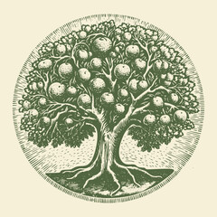 Fruitful tree. Woodcut engraving style hand drawn vector illustration. Optimized vector.	