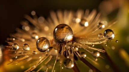 Macro Shot of Dandelion Seed with Water Drops in Yellow and Gold Tones