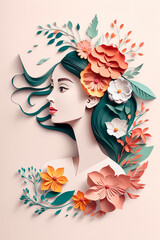 art with paper, happy woman with flowers Women's day specials. Generative Ai,