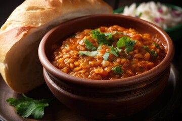 Indian meal from Mumbai, Pav Bhaji, is a spicy fast food dish that comes with bread, onions, and butter. Generative AI