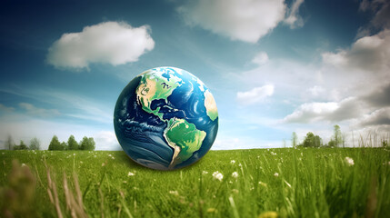 Earth Day concept, earth in a meadow, big blue skey, earth renewal, eco friendly environmental concept. Generative Ai.