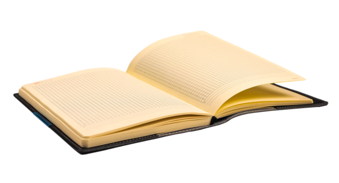 Office planner, business organizer with checkered pages, grid paper isolated on white background. Open note pad, book