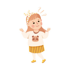 Confused little girl with question marks over head. Adorable doubting little girl dressed casual clothes cartoon vector illustration