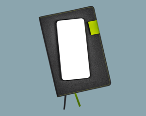 Mobile phone screen mock-up on business office paper planner, organizer for planning app ad