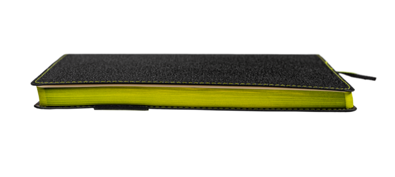 Closed paper note book with ribbon bookmark peeping out, business notepad isolated on white background. Planner