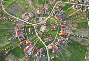 Charlottenburg, Romania, round village Banat region,  Western Transylvania. Drone photography. - obrazy, fototapety, plakaty
