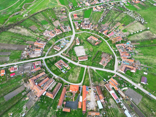 Charlottenburg, Romania, round village Banat region,  Western Transylvania. Drone photography.